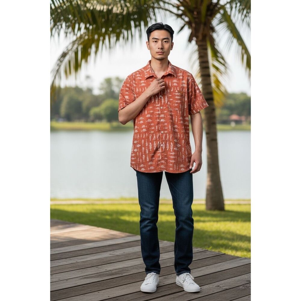 Salt Life Fish Print Button Up Shirt Size Medium Orange Fishing Performance Shor